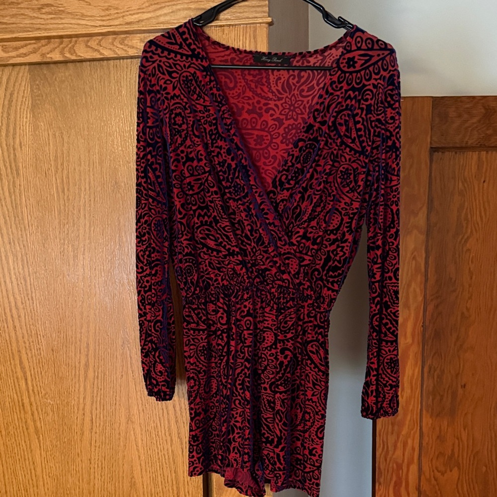 Velvet Burnout Romper Dress in Red and Navy
